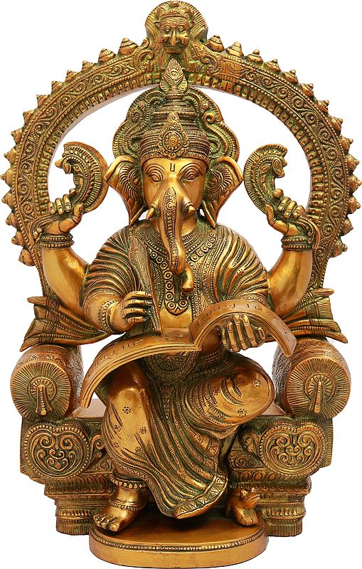 17" Royal Throne Ganesha Writing Om Namaha Shivaya In Brass | Handmade | Made In India