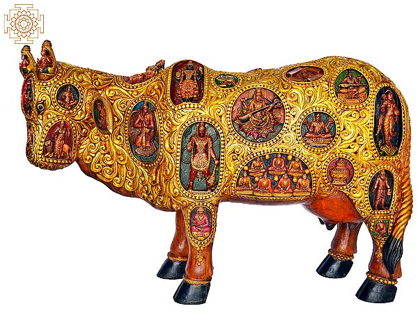 54" Kamadhenu Wooden Sculpture - Sacred Cow from Samudra Manthan
