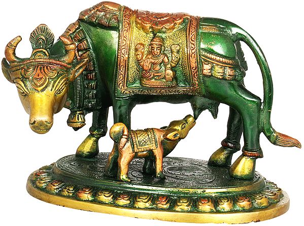 5" Small Cow and Calf (Saddle Decorated with Lakshmi and Ganesha) in Brass
