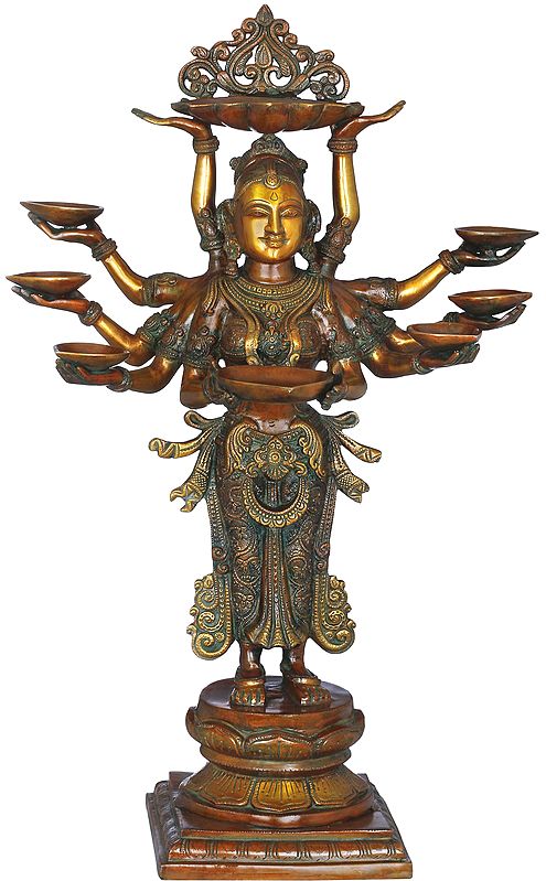 28" Brass the Ten-Armed Auspicious Deepalakshmi with Each Hand Holding a Lamp