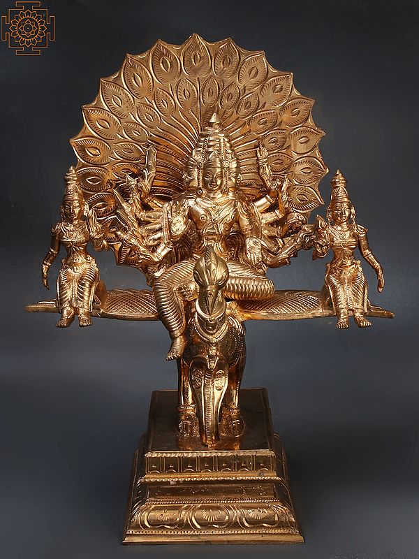 9" Karttikeya With His Two Consorts Seated On His Mount Peacock | Handmade | Madhuchista Vidhana (Lost-Wax) | Panchaloha Bronze from Swamimalai