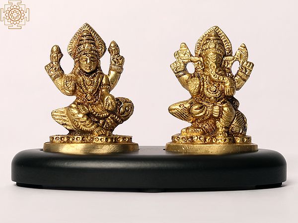 3" Lakshmi Ganesha Idol for Car Dashboard | Brass and Wood | Handcrafted in India