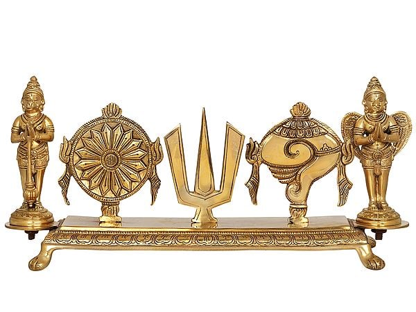 7" Fine Vaishnava Symbols with Hanuman and Garuda Standing on Each Side In Brass