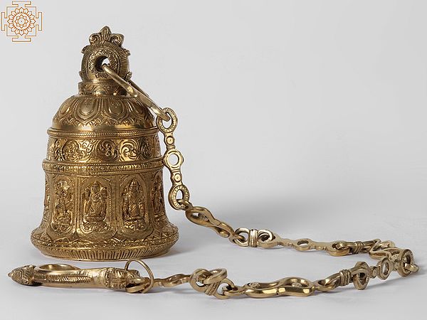8" Dashavatara of Vishnu Temple Bell with Long Chain in Brass