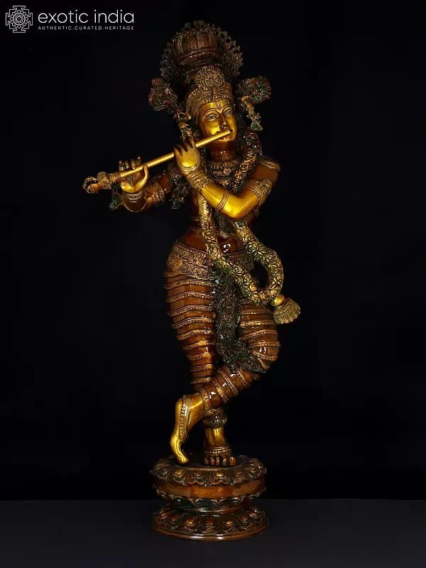 45" Superfine Lord Krishna Brass Sculpture with Swaying Necklace of Flowers