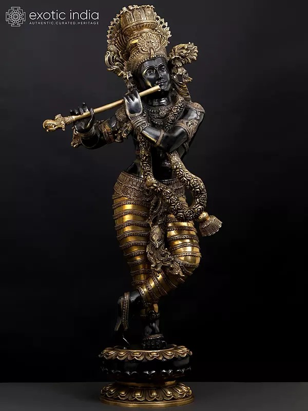 45" Superfine Lord Krishna Brass Sculpture with Swaying Necklace of Flowers