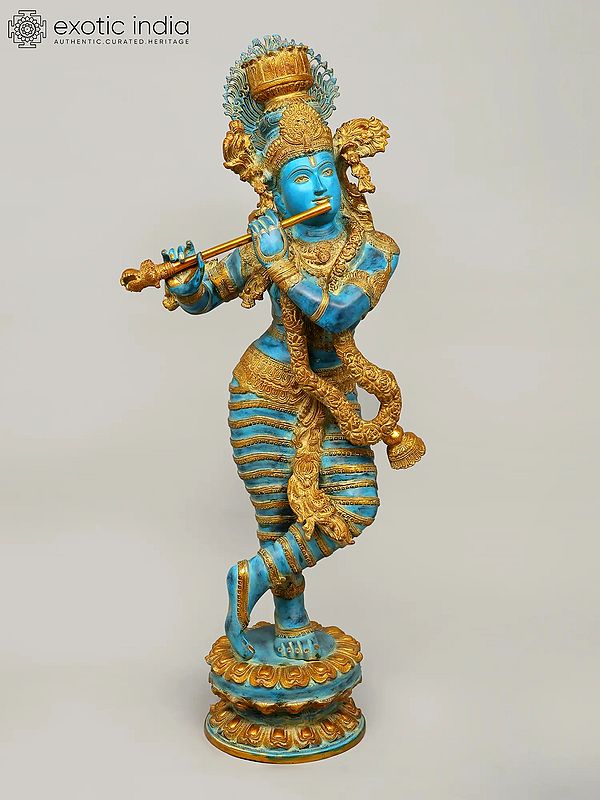 45" Superfine Lord Krishna Brass Sculpture with Swaying Necklace of Flowers