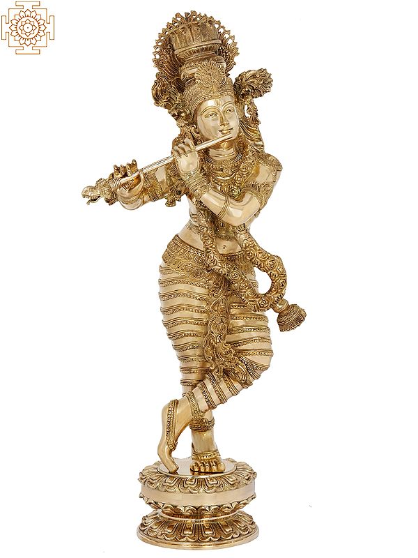45" Beautiful Superfine Bhagwan Krishna with Swaying Necklace of Flowers | Supreme God | Eighth Incarnation of God Vishnu | Brass Statue | Handmade