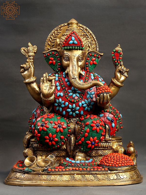 13" Lord Ganesha with Fine Quality Inlay Work In Brass | Handmade | Made In India