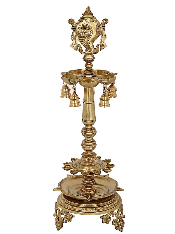 30" Vaishnava Symbol (Conch) Multi Wick Lamp with Bells- Hoysala Art | Handmade | Made In South India