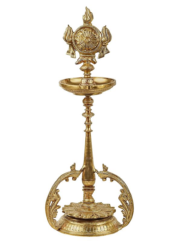 6" Small Vishnu-Chakra Lamp With Three Sprigs of Vine At Base