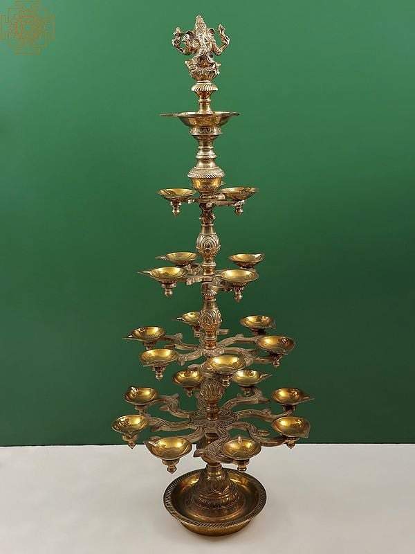 38" Five-Tray Twenty-Four-Wick Ganesha Lamp In Brass