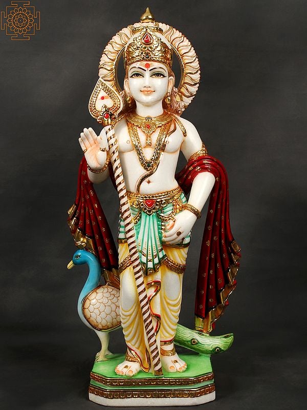 29" Karttikeya- The Warrior God In White Marble | Handmade