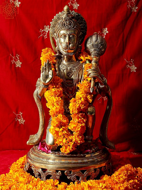 20" Aashirvada Hanuman Knelt Upon A Richly Engraved Pedestal In Brass | Handmade | Made In India