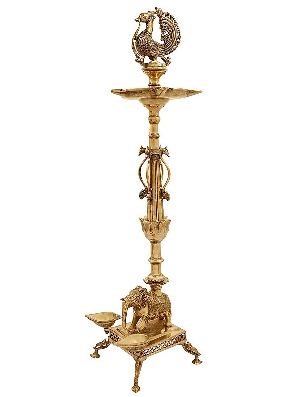37" Superfine Ritual Multi Wick Peacock Brass Lamp withheld on an Elephant Back