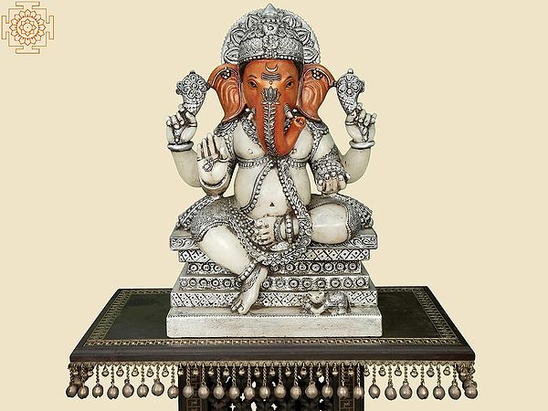 25" Silver Embellished Marble Lord Ganesha | Handmade