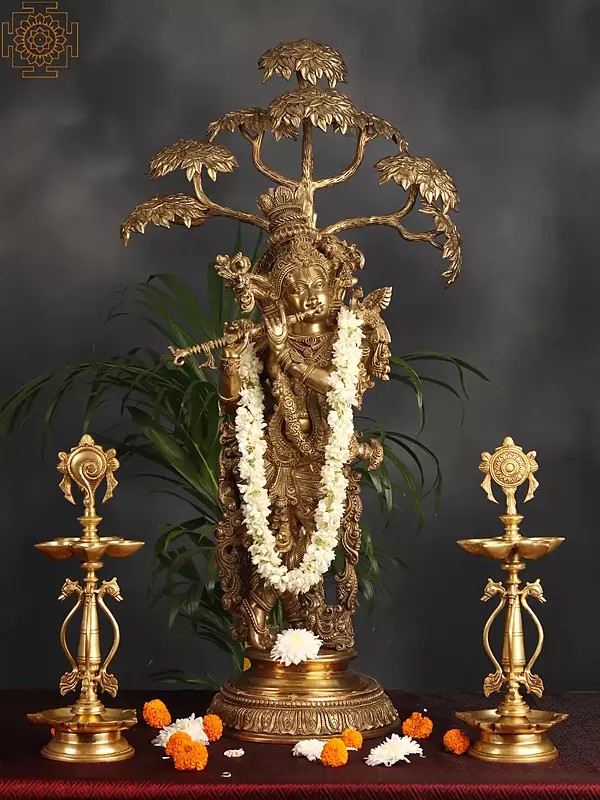 Superfine Superbly Embellished Krishna Fluting Under a Magnificent Tree (Large Size)
