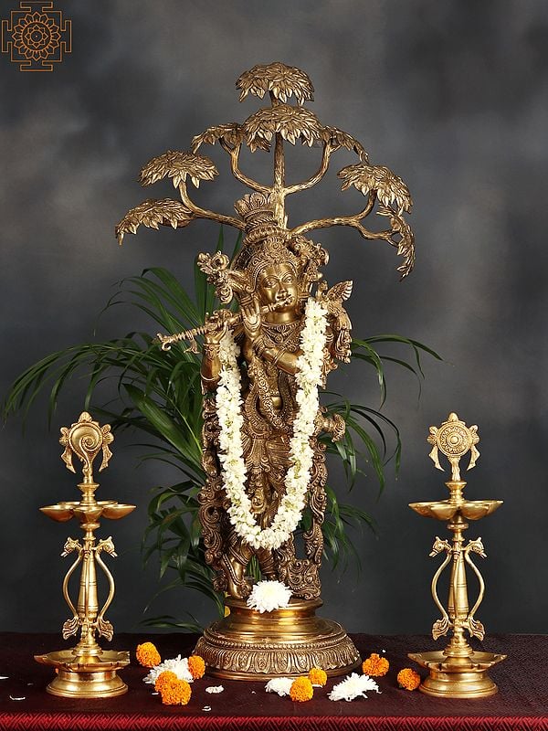 Superfine Superbly Embellished Krishna Fluting Under a Magnificent Tree(Large Size)
