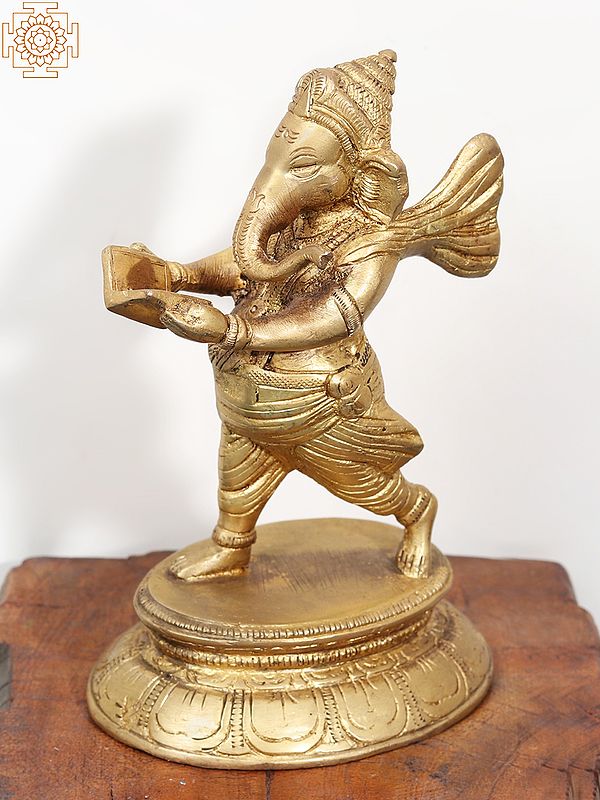 6" Small Brass Lord Ganesha Reading the Mahabharata