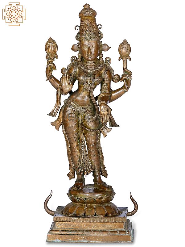 21" Standing Devi Lakshmi on Double Lotus Base | Madhuchista Vidhana (Lost-Wax) | Panchaloha Bronze from Swamimalai