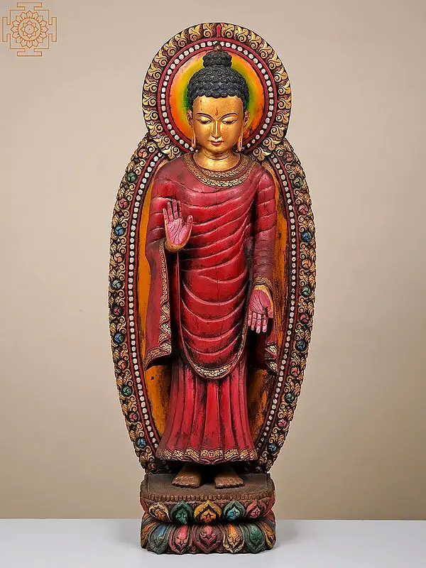 36" Large Wooden Standing Buddha Statue