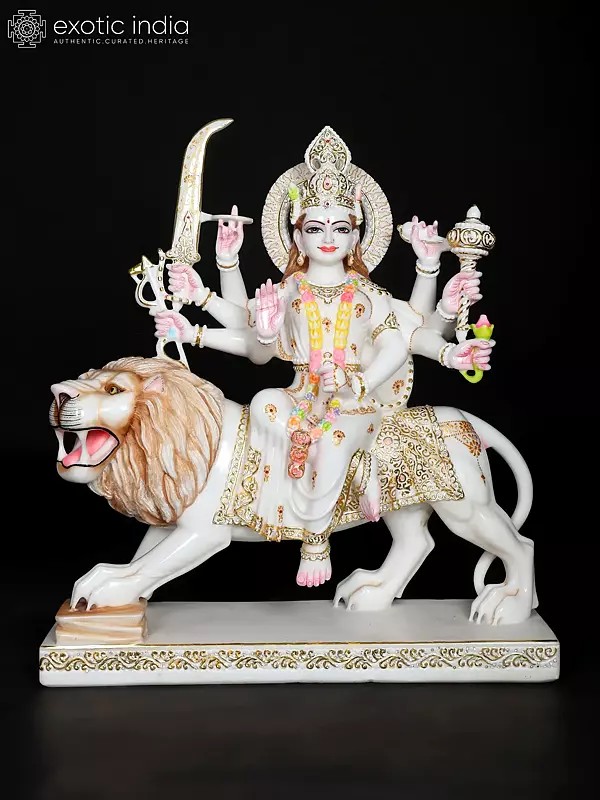 30" Large Durga Maa Statue Seated On Lion In Marble