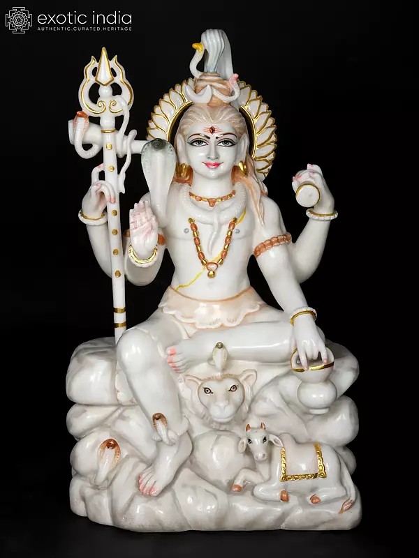 30" Lord Shiva Seated On Stone Asana | White Makrana Marble Statue