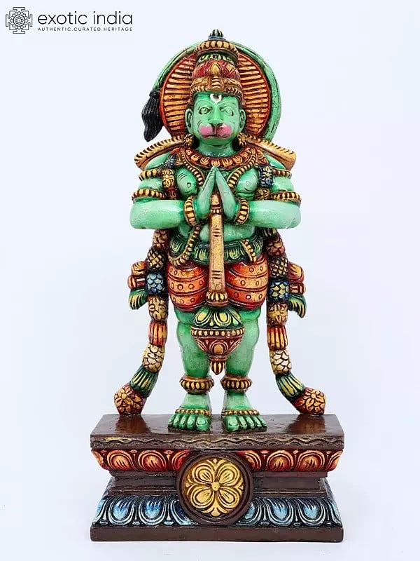 24" Colorful Fine Standing Lord Hanuman in Namaskar Mudra | Wood Carving