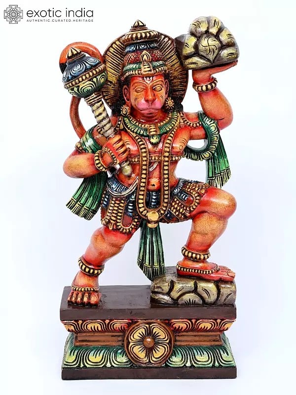 24" Colorful Lord Hanuman Carrying Mountain of Sanjivani Herbs | Wood Carving