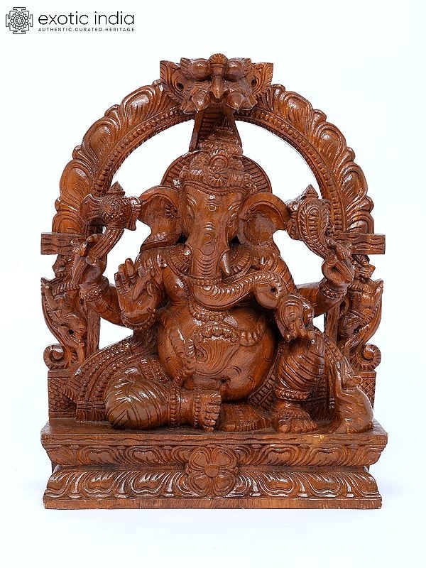 18" Sitting Chaturbhuja Lord Ganesha with Kirtimukha Arch | Wood Carving