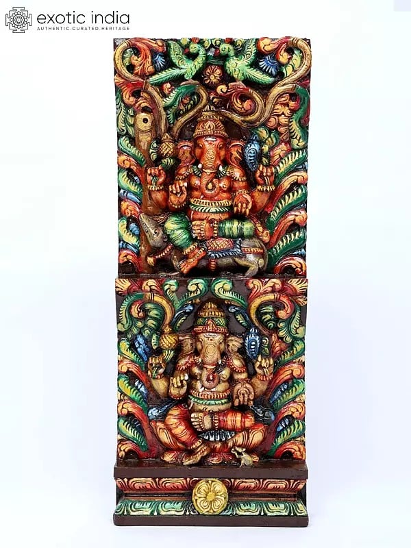 24" Colorful Lord Ganesha Wall Panel | Wood Carving