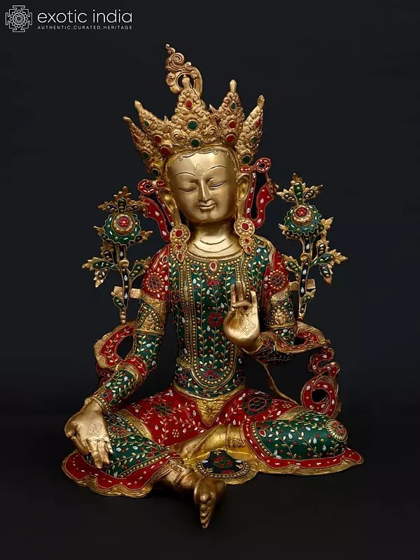 28" Goddess Green Tara | Brass Statue with Inlay Work