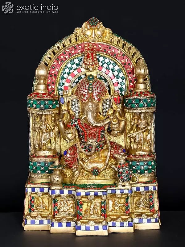 18" Temple Ganesha | Brass Statue with Inlay Work