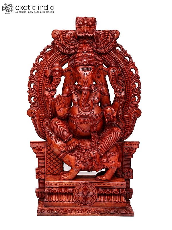 50" Large Blessing Lord Ganesha Seated on Mushak with Kirtimukha Prabhavali | Wood Carving