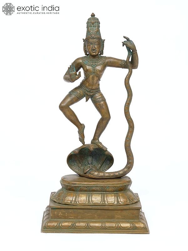 24" Lord Krishna Dancing on Kaliya Naag | Bronze Statue