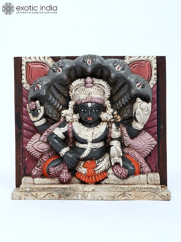 12" Lord Vishnu Wall Panel with Sheshnag | Wood Carving