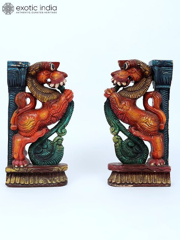 18" Pair of Yali Statues | Wood Carving