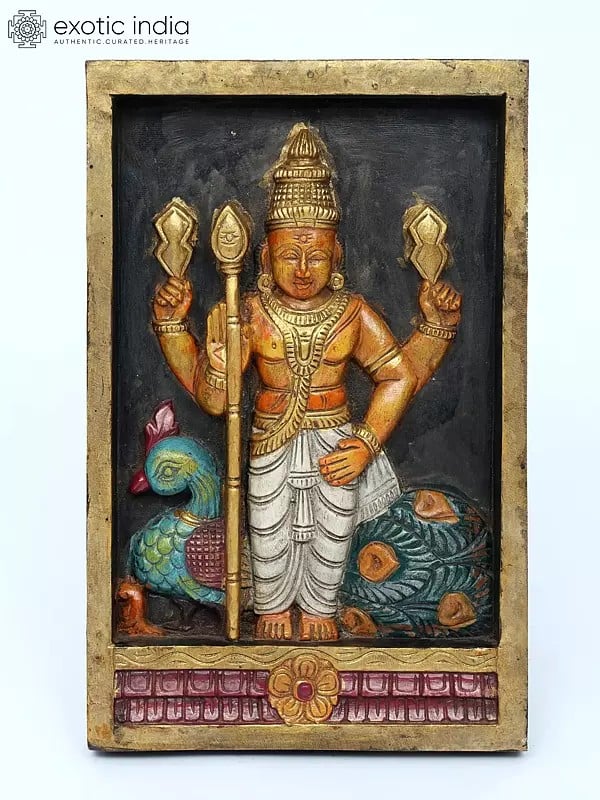 18" Rectangular Shaped Lord Karttikeya (Murugan) Wall Panel | Wood Carving