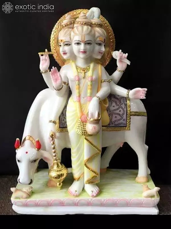 24" Three Headed Lord Dattatreya With Kamadhenu | Hand Carved Vietnam Marble Statue