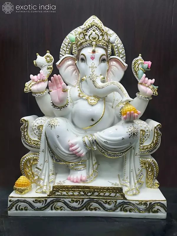 30" Lord Ganesha Vietnam Marble Idol In Blessing Gesture | Statue For Temple