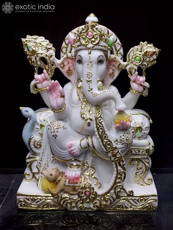 21" Seated Lord Ganesha Vietnam Marble Idol | Hand Carved Statue For Temple