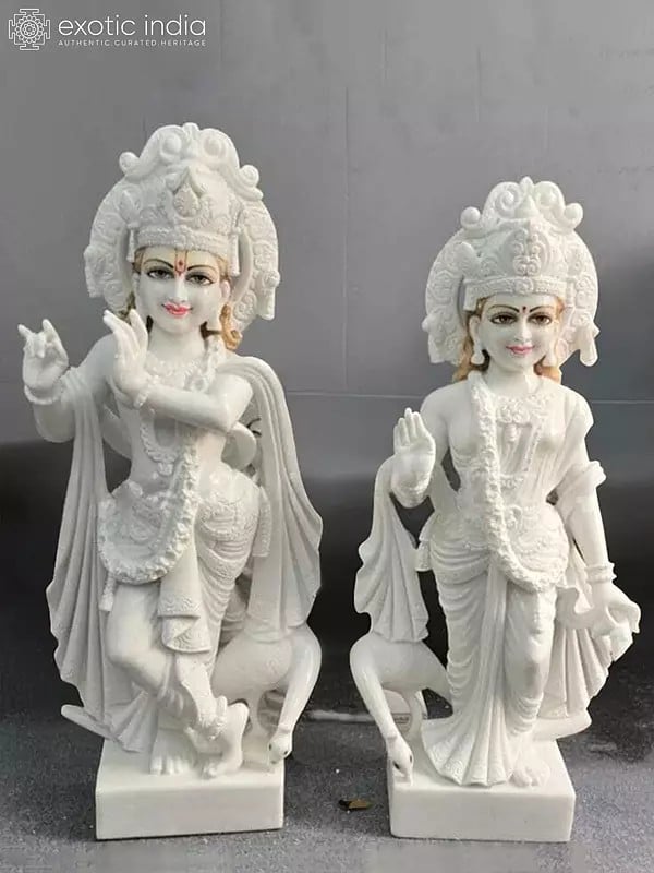 24" Pair Of Radha Krishna With Peacock Vietnam Marble Statue | Hand Carved Statue For Temple