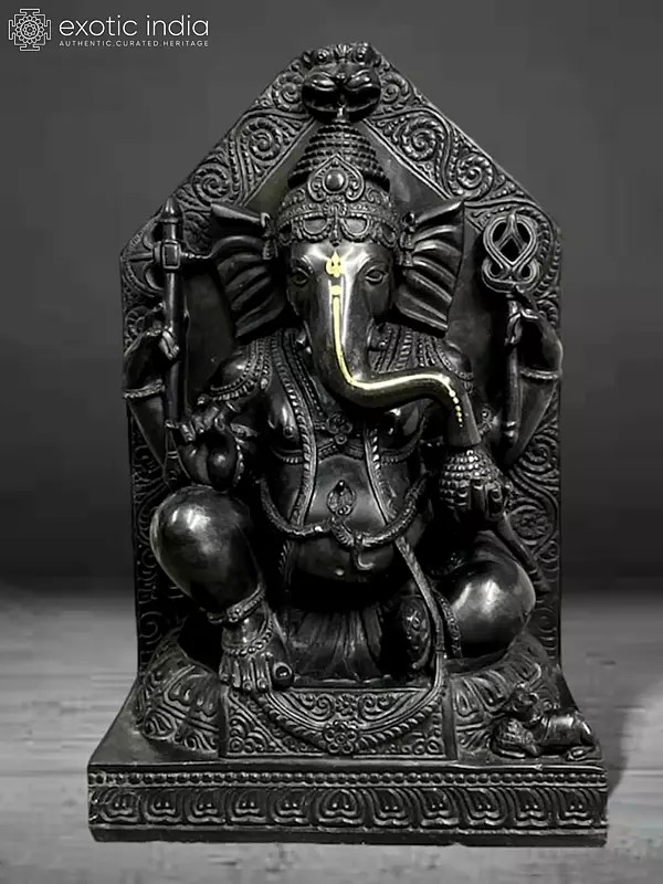 24" Lord Ganesha With Mushak In Black Marble Idol | Hand Carved Statue For Temple