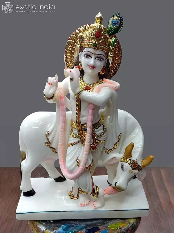 24" Beautiful Statue Of Krishna With Cow In Vietnam Marble | Hand Carved