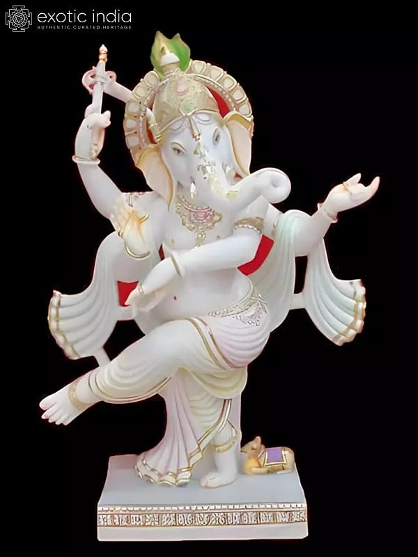 24" Dancing Lord Ganesha Vietnam Marble Idol | Hand Carved Statue For Temple