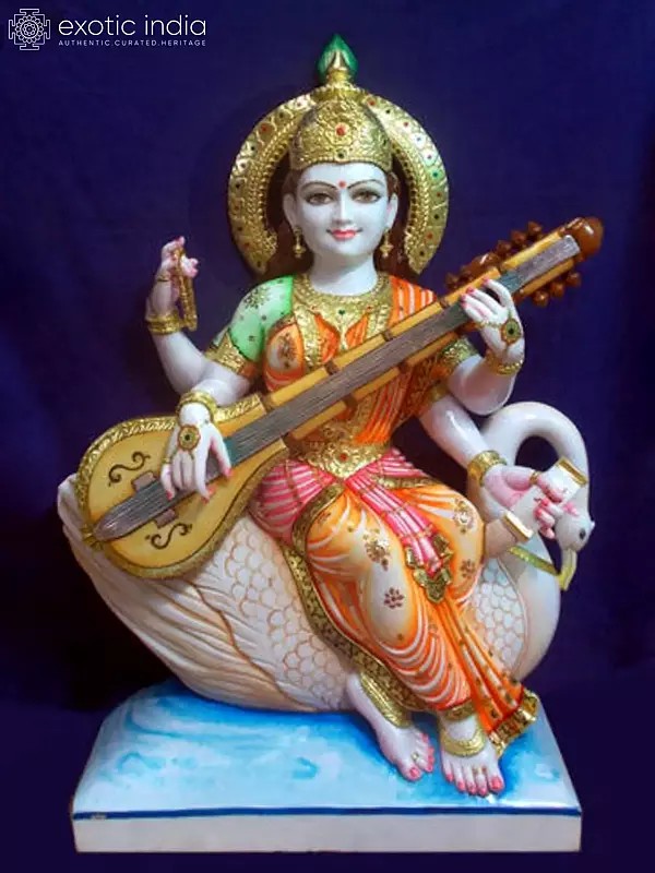 36" Goddess Saraswati Seated On Swan Vietnam Marble Idol | Hand Carved Statue