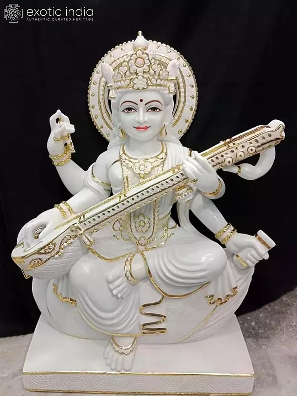 21" Seated Goddess Saraswati Playing Sitar Vietnam Marble Idol | Statue For Temple