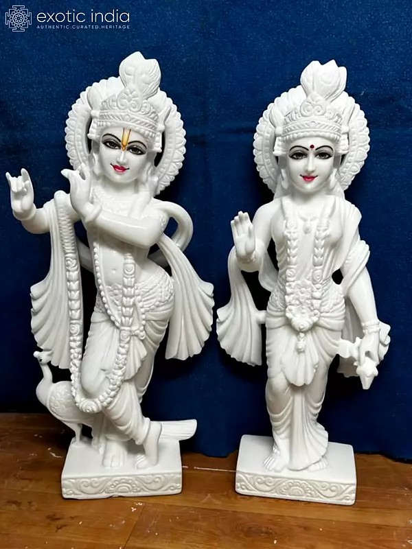 24" Lord Krishna With Radha Vietnam Marble Idol | Hand Carved Statue For Temple