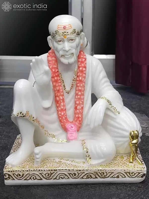 18" Sai Baba In Blessing Gesture Vietnam Marble Idol | Hand Carved Statue For Temple