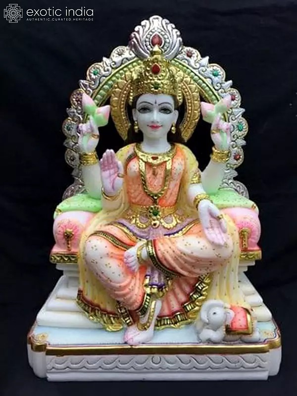 24" Seated Goddess Lakshmi Vietnam Marble Idol | Hand Carved Statue For Temple